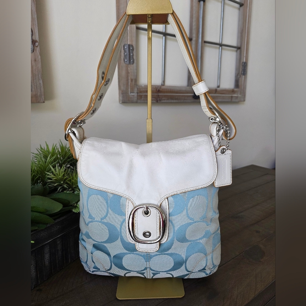 Coach Soho Buckle Hobo Glacier Blue Signature C jacquard White Leather Trim Y2K - Picture 2 of 14